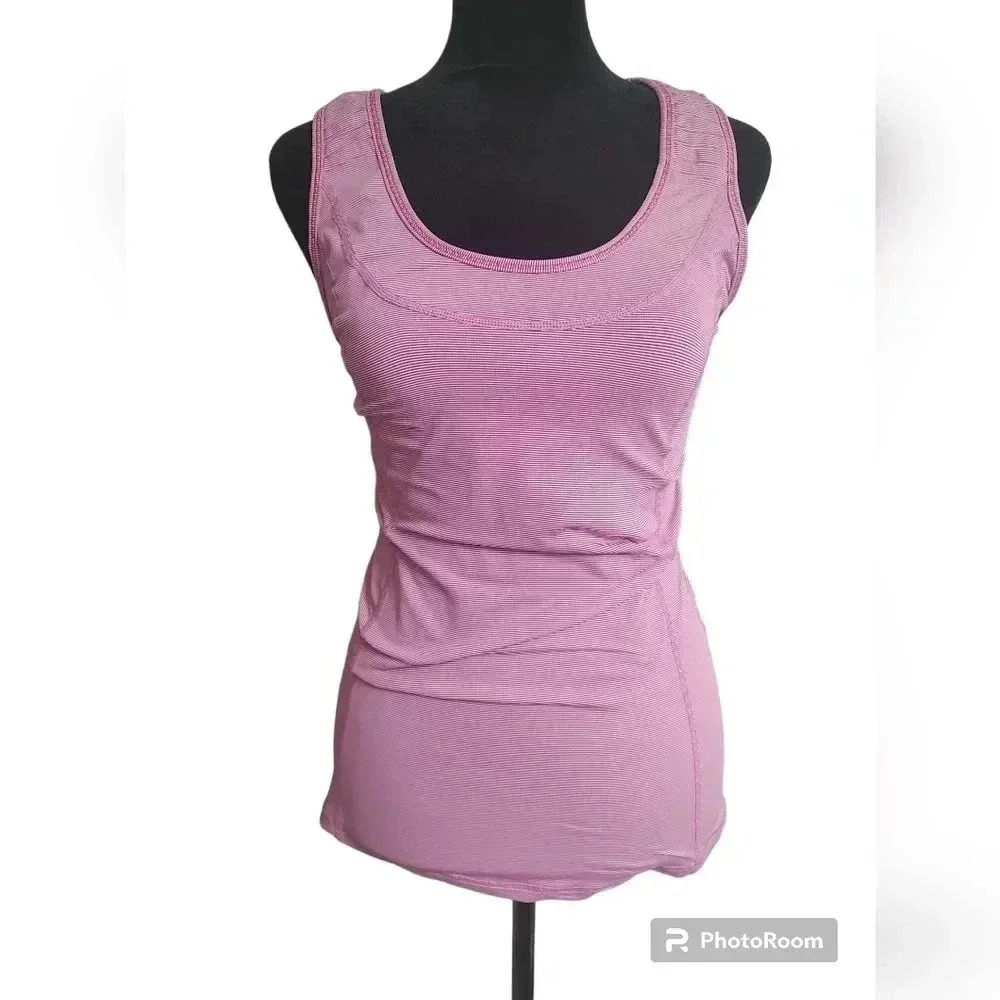 Lululemon Stay On Course Tank Top Pink  White Micro Stripe Pocket Size 4